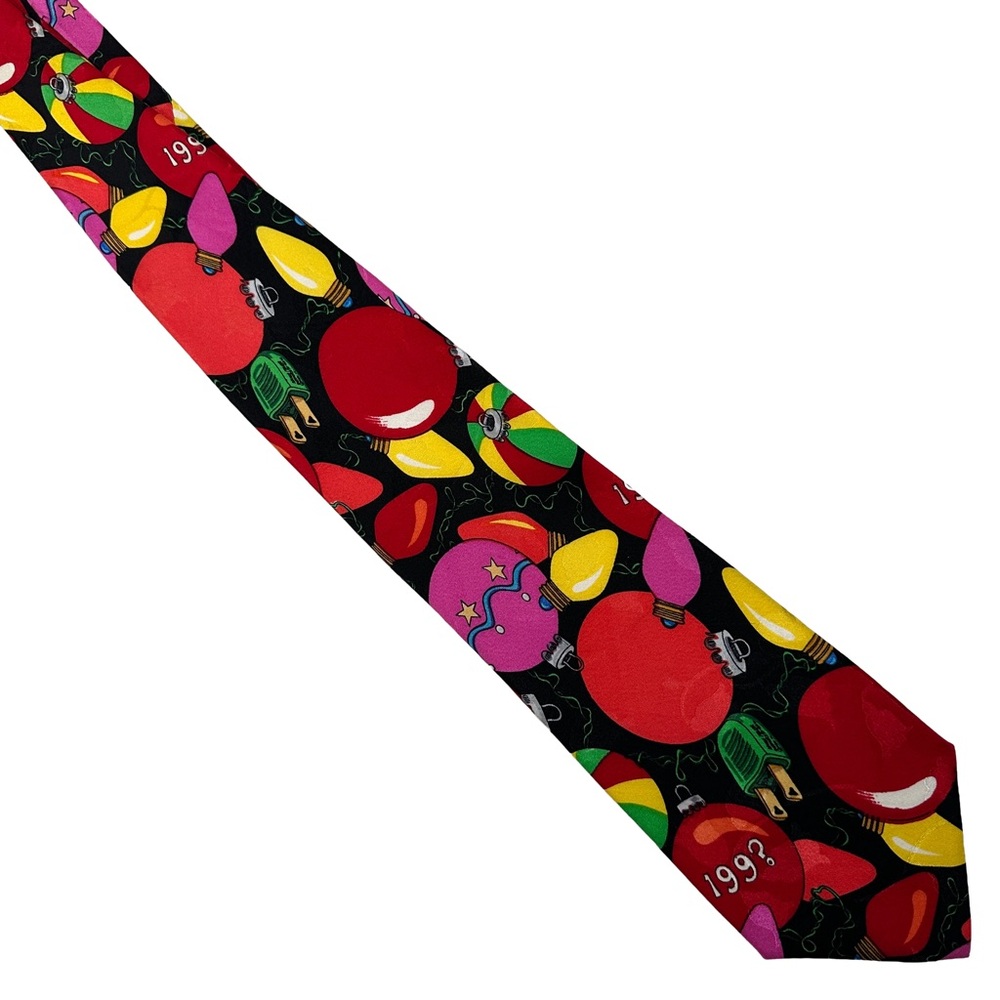Festive Holiday Tie Colorful Ornaments 90s vintage Christmas lights black